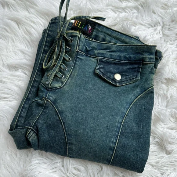 ⛅️[ Dolls Kill ] X Delia’s Hillside Sweetheart Flare Denim Jeans Lace-Up Waist - Picture 3 of 17